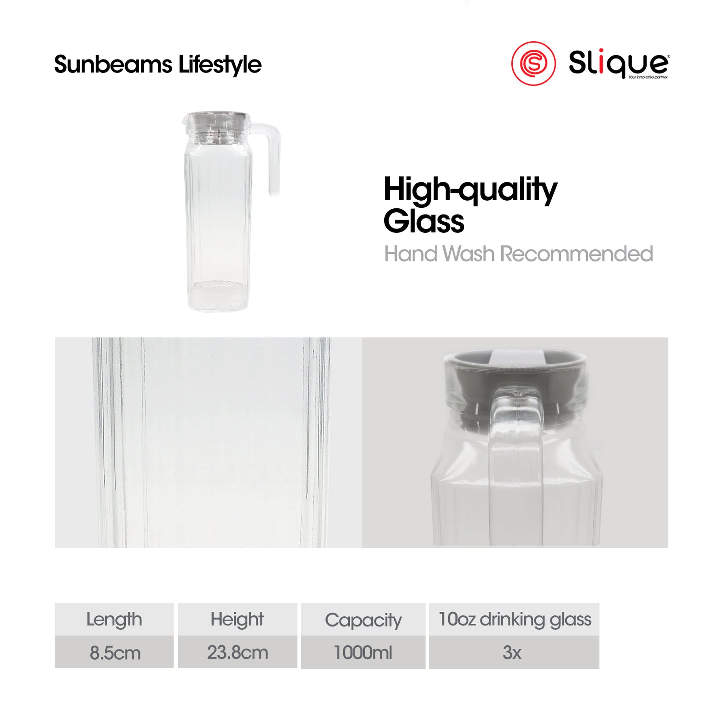 SLIQUE Premium Glass Pitcher w/ White Lid 500 ml, Line Collection