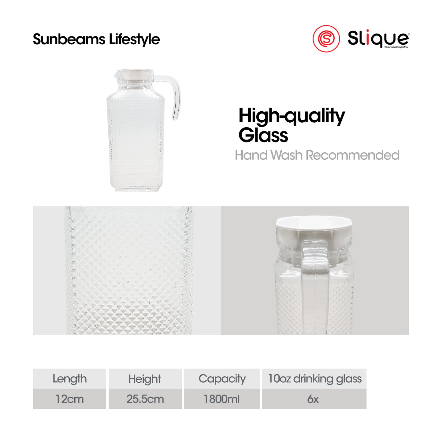 SLIQUE Premium Glass Pitcher w/ Grey Lid 1800 ml, Diamond Collection