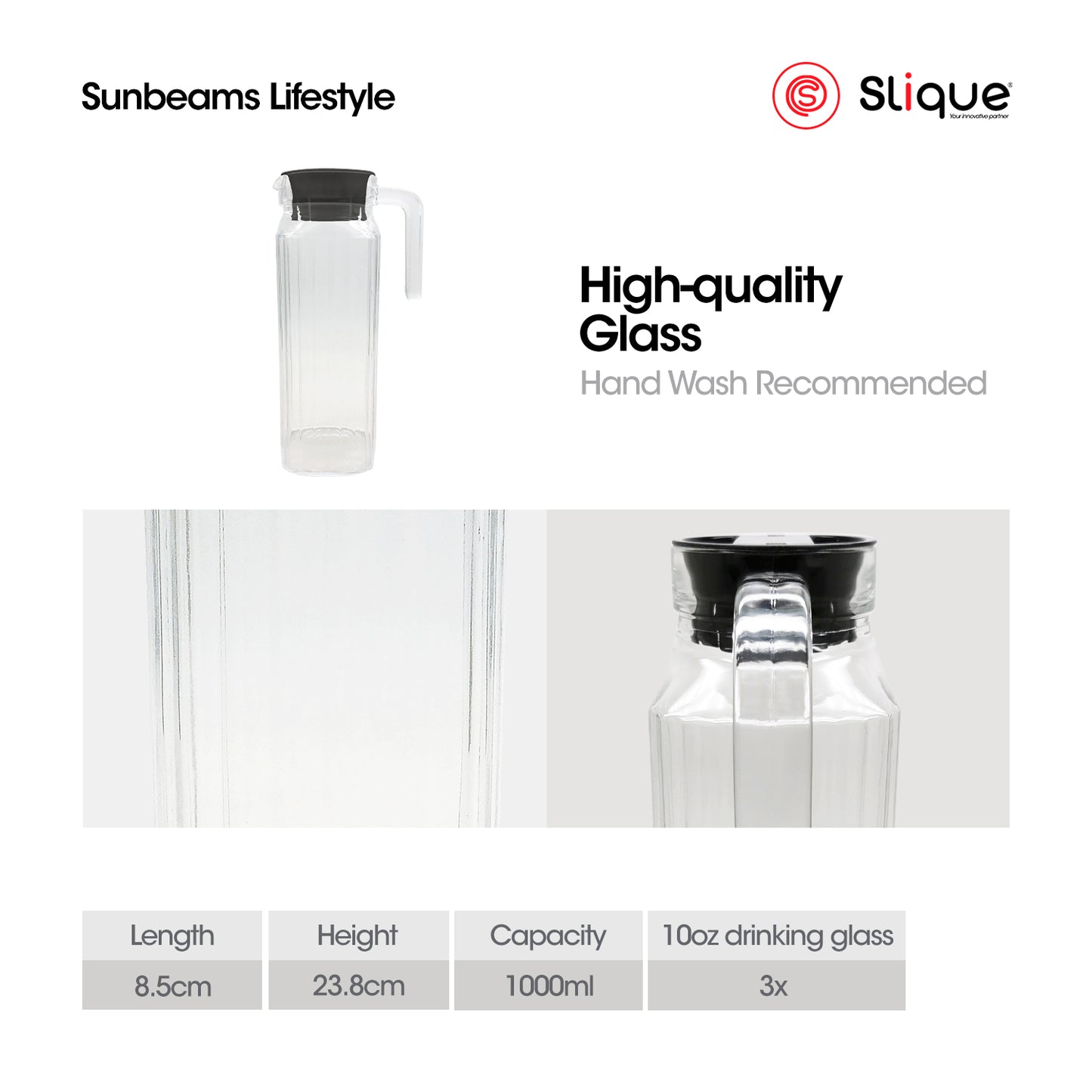 SLIQUE Premium Glass Pitcher w/ White Lid 500 ml, Line Collection