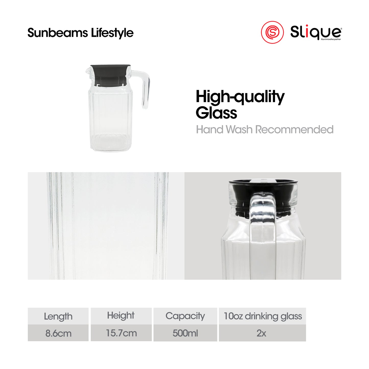 SLIQUE Premium Glass Pitcher w/ White Lid 500 ml, Line Collection