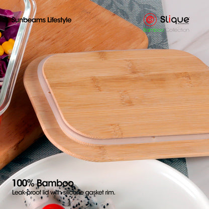 SLIQUE Food Container [Set of 2] Borosilicate Glass, Bamboo lid with Silicone Gasket