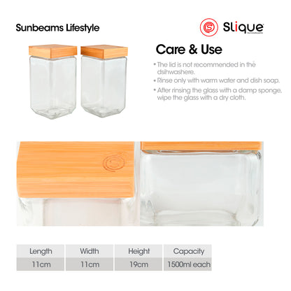 SLIQUE Food Jar [Set of 2] Soda Lime Glass, Bamboo lid with PE seal ring