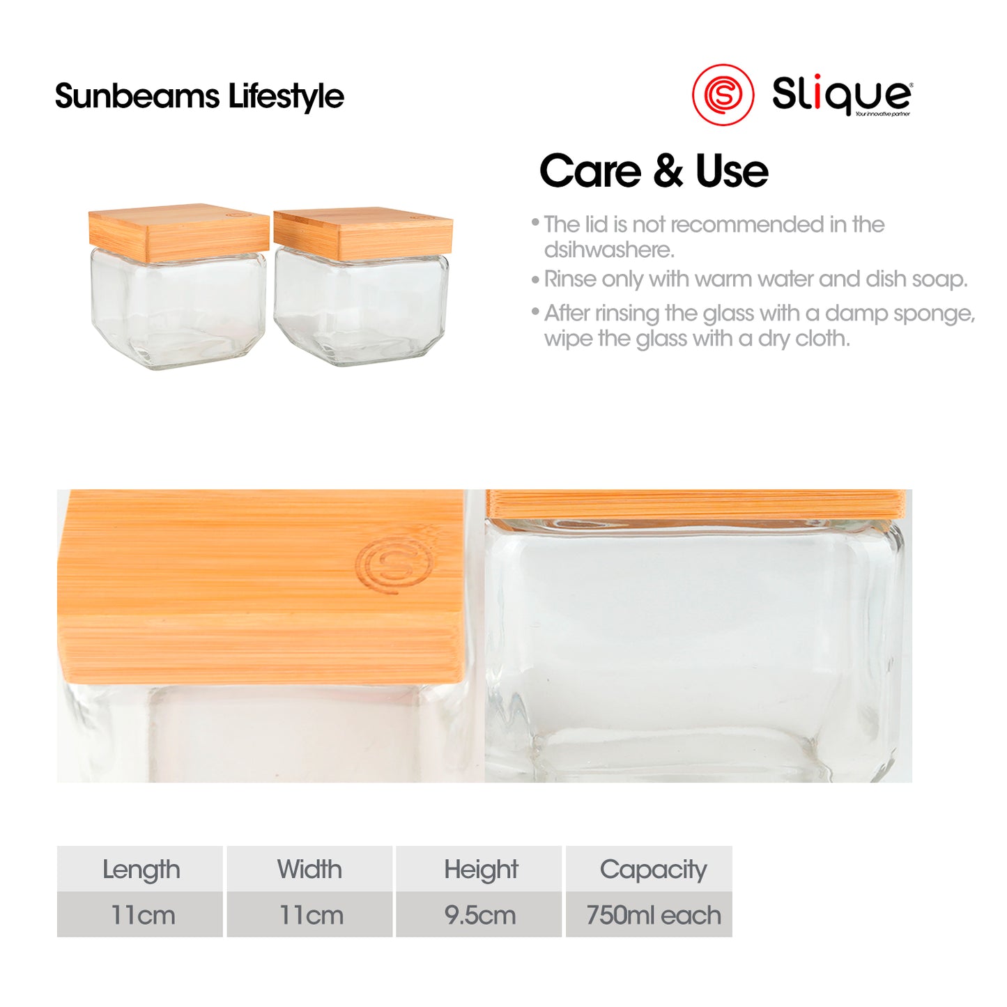 SLIQUE Food Jar [Set of 2] Soda Lime Glass, Bamboo lid with PE seal ring