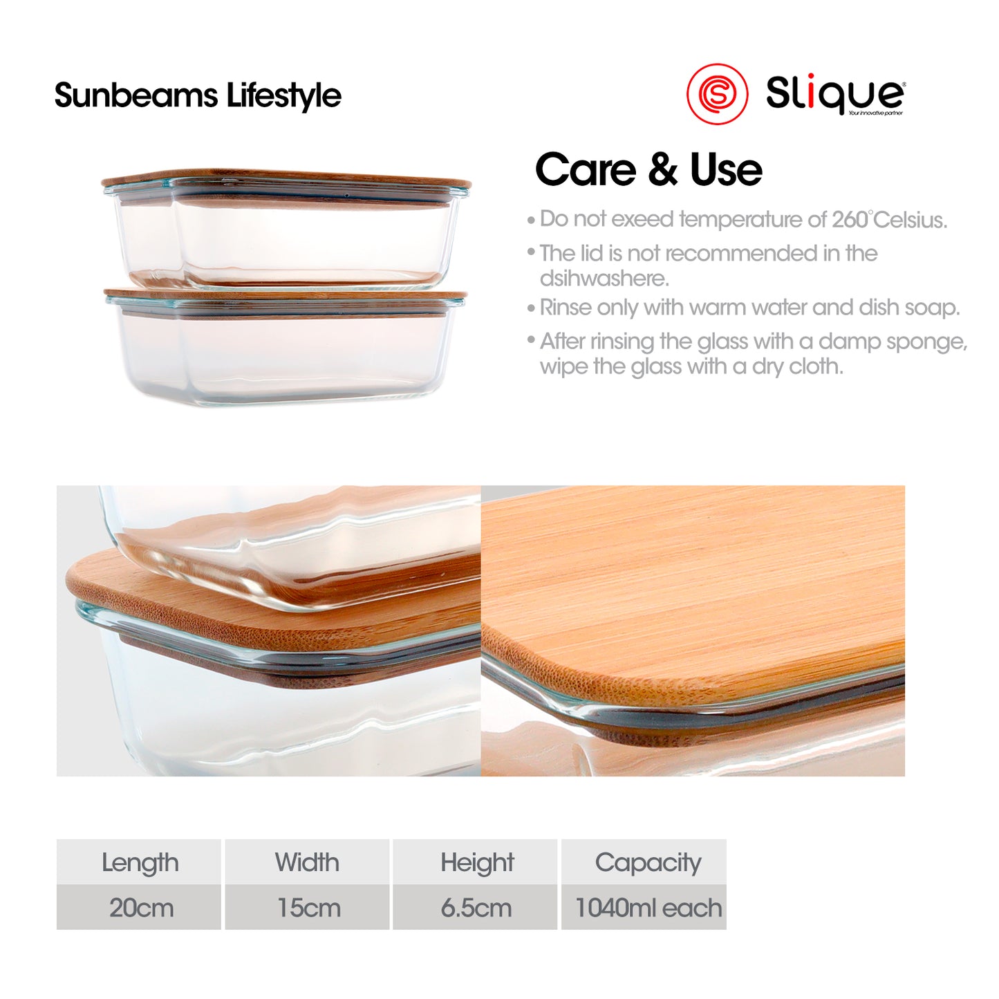 SLIQUE Food Container [Set of 2] Borosilicate Glass, Bamboo lid with Silicone Gasket