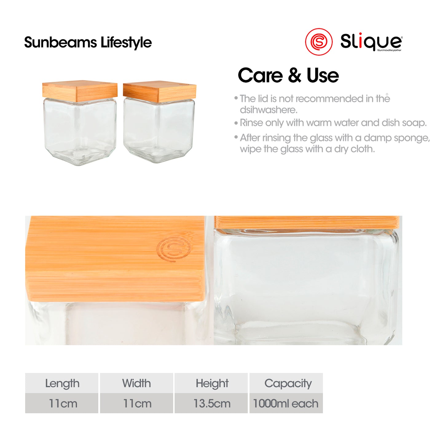 SLIQUE Food Jar [Set of 2] Soda Lime Glass, Bamboo lid with PE seal ring