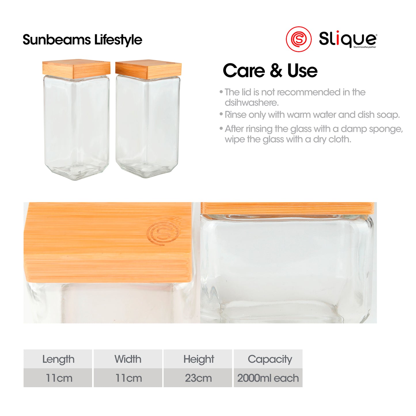 SLIQUE Food Jar [Set of 2] Soda Lime Glass, Bamboo lid with PE seal ring