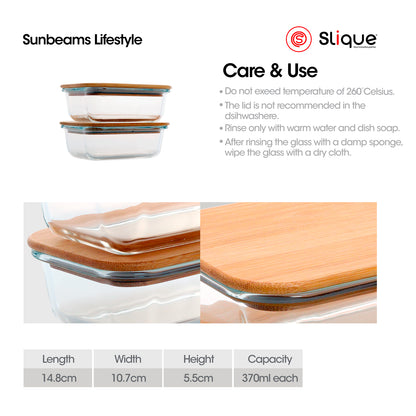 SLIQUE Food Container [Set of 2] Borosilicate Glass, Bamboo lid with Silicone Gasket