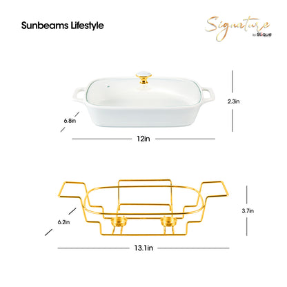 SLIQUE Casserole Serving Dish Rectangle - Signature Porcelain Collection Gold Stand with 2 Candle Burner