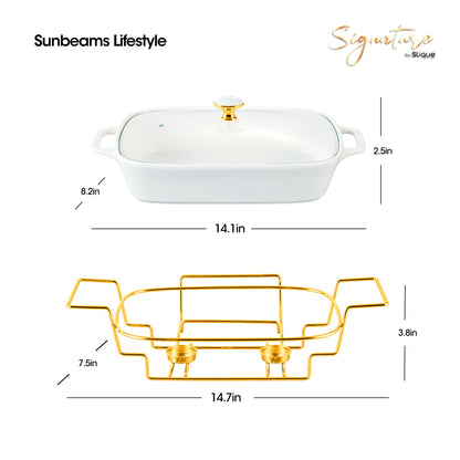 SLIQUE Casserole Serving Dish Rectangle - Signature Porcelain Collection Gold Stand with 2 Candle Burner