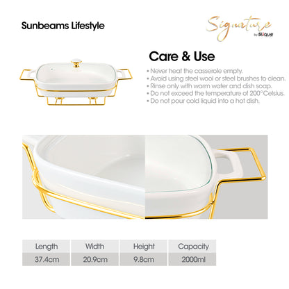 SLIQUE Casserole Serving Dish Rectangle - Signature Porcelain Collection Gold Stand with 2 Candle Burner