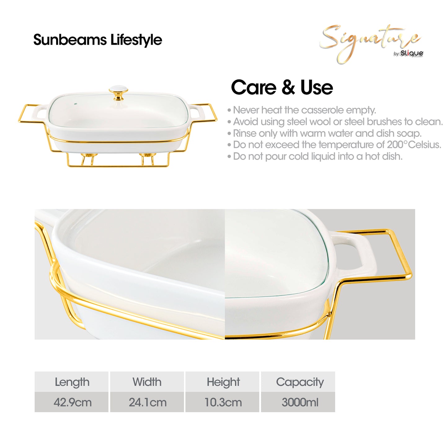 SLIQUE Casserole Serving Dish Rectangle - Signature Porcelain Collection Gold Stand with 2 Candle Burner