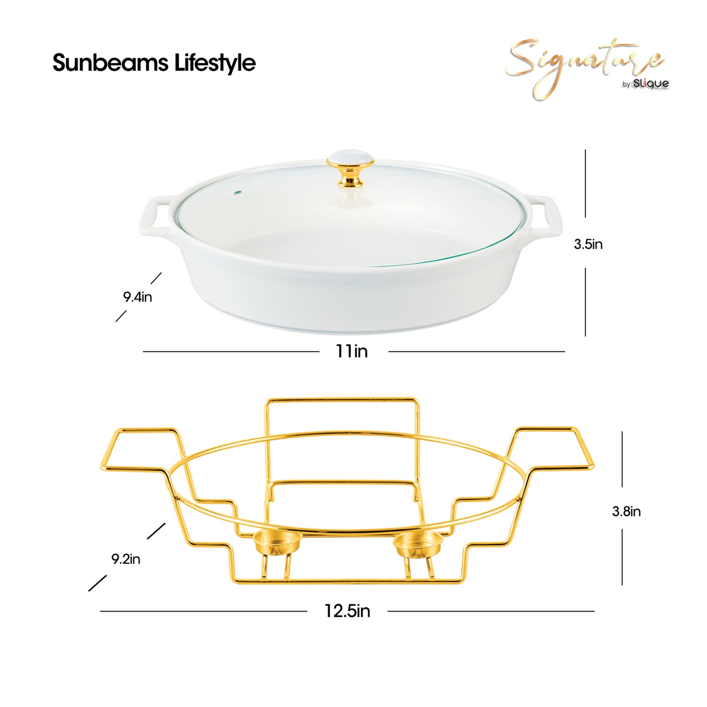 SLIQUE Casserole Serving Dish Oval - Signature Porcelain Collection Gold Stand with 2 Candle Burner