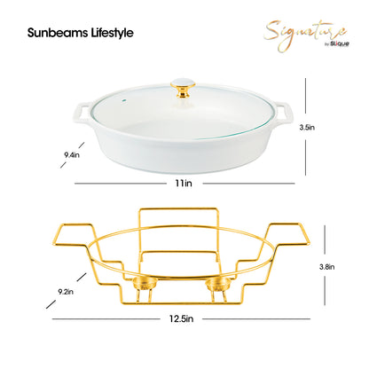 SLIQUE Casserole Serving Dish Oval - Signature Porcelain Collection Gold Stand with 2 Candle Burner