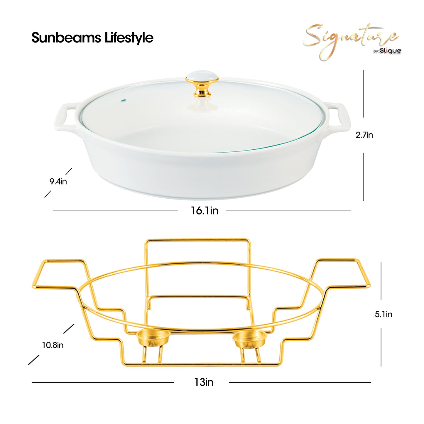 SLIQUE Casserole Serving Dish Oval - Signature Porcelain Collection Gold Stand with 2 Candle Burner