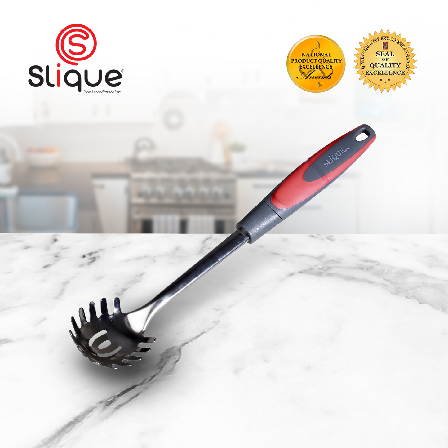 SLIQUE Premium 18/8 Stainless Steel Spaghetti Spoon (Red)