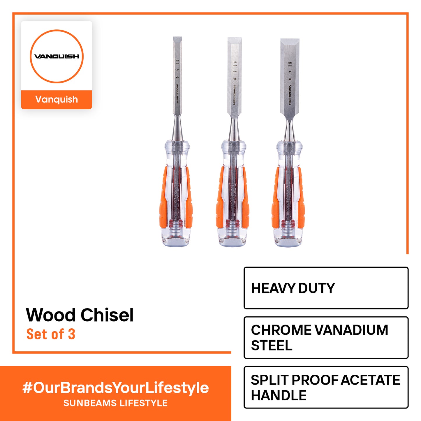 VANQUISH Premium High Impact Wood Chisel Set of 3