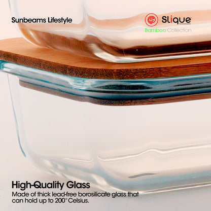 SLIQUE Food Container [Set of 2] Borosilicate Glass, Bamboo lid with Silicone Gasket