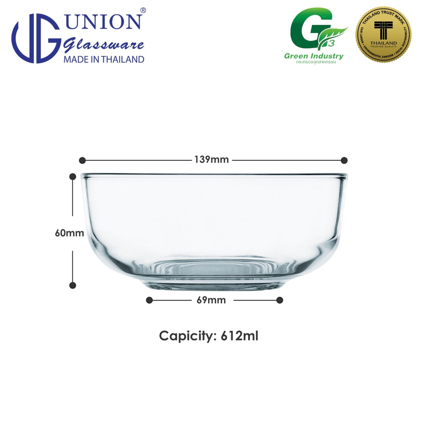 UNION GLASS Thailand Premium Clear Glass Bowl 515ml | 5.5oz | 5.5" Set of 6